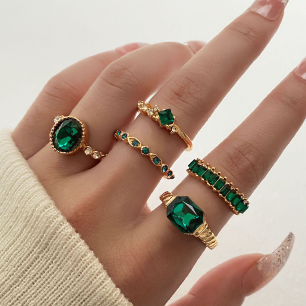 1Sets Green Crystal Rings Set for Women Gold Plated Vintage Aesthetic Geometric Luxury Lady Jewelry Gifts 2023 Fashion New Rings