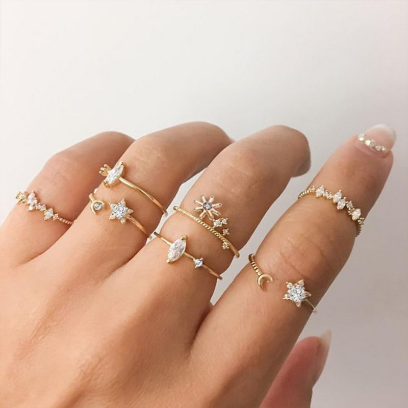 Boho Zircon Rings Set Gold Color Women Bohemia Crystal Letter LOVE Heart Moon Arrow Flower Ring Lovers Wedding Jewelry Gifts