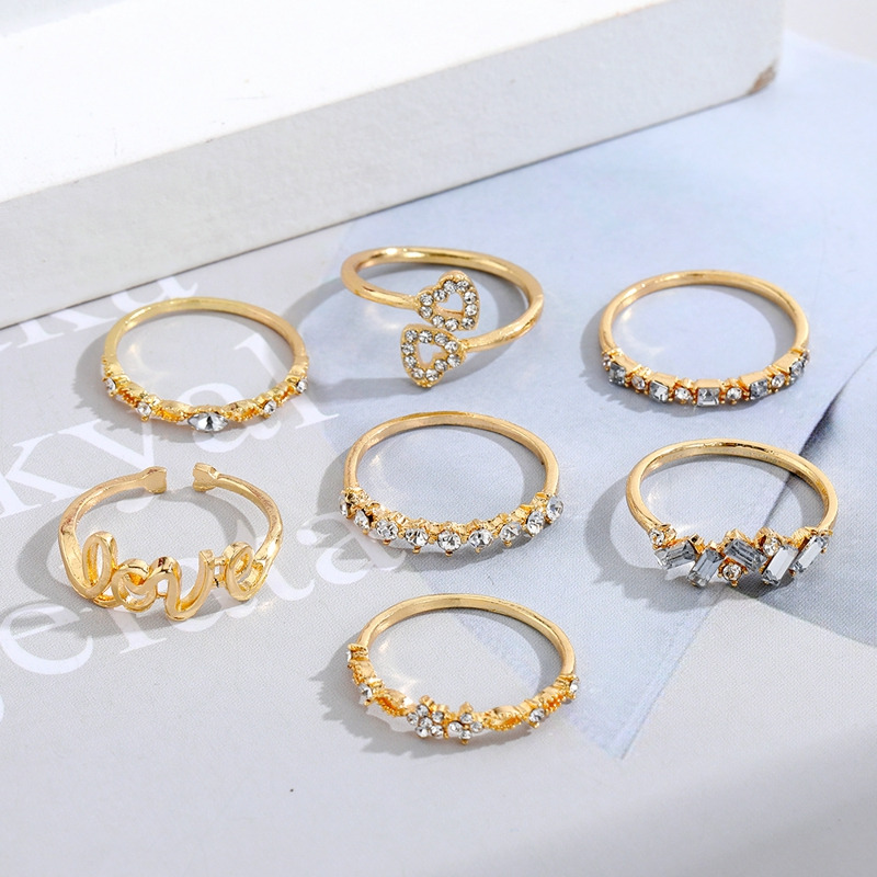 Boho Zircon Rings Set Gold Color Women Bohemia Crystal Letter LOVE Heart Moon Arrow Flower Ring Lovers Wedding Jewelry Gifts