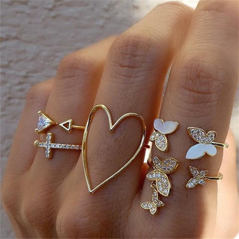 Boho Zircon Rings Set Gold Color Women Bohemia Crystal Letter LOVE Heart Moon Arrow Flower Ring Lovers Wedding Jewelry Gifts