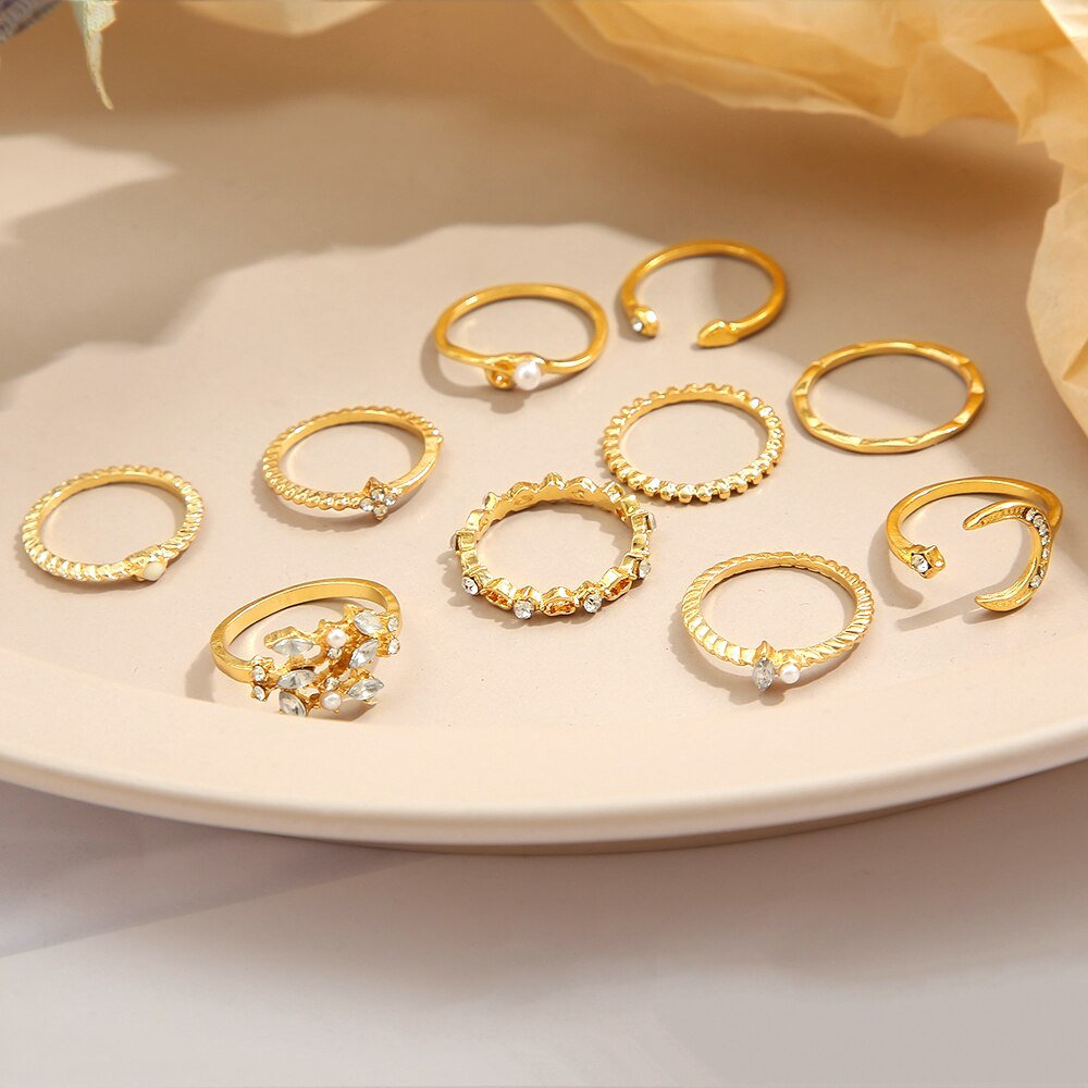 10Pcs Rings Suit For Women Gold Chain Ring Set Bohemian Style Coin Snake Moon Star Party Trend Gift Jewelry
