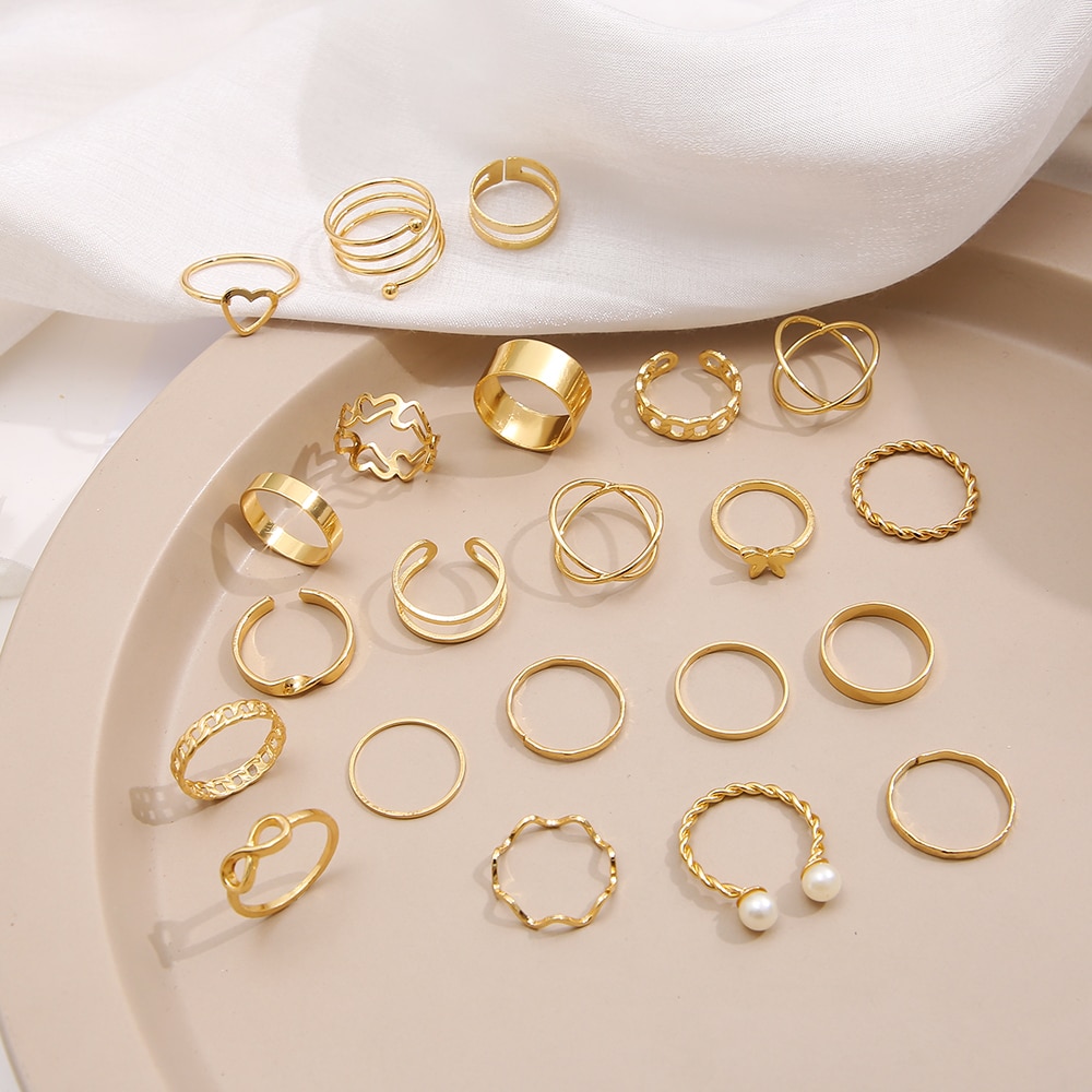 22PCS/SET Vintage Gold Color Heart Rings Set For Women Men Hollow Butterfly Pearl Cross Geometric Rings Trendy Finger Jewelry