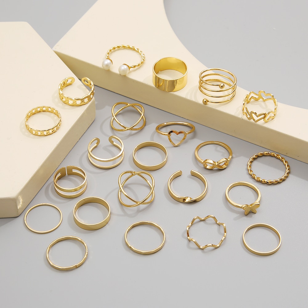 22PCS/SET Vintage Gold Color Heart Rings Set For Women Men Hollow Butterfly Pearl Cross Geometric Rings Trendy Finger Jewelry