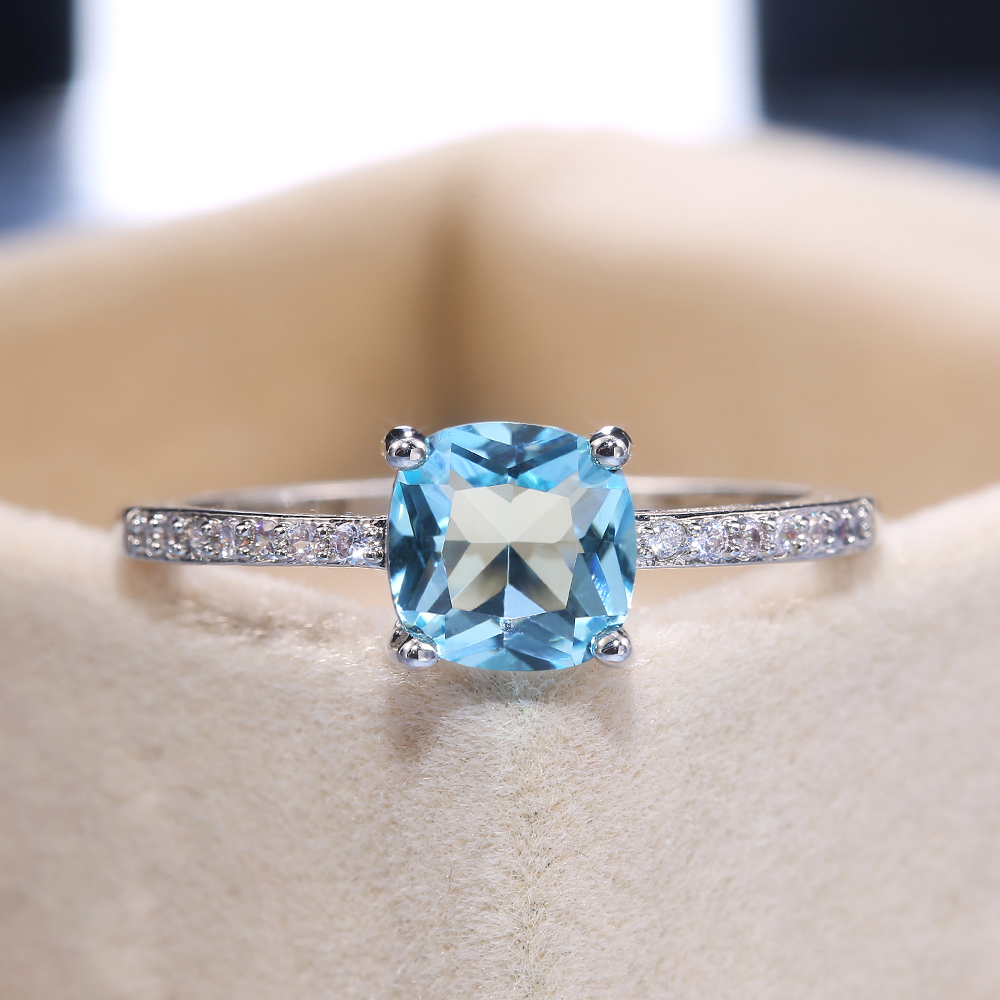 Huitan Square Blue Series Stone Women Rings Simple Minimalist Pinky Accessories Ring Band Elegant Engagement Jewelry Rings