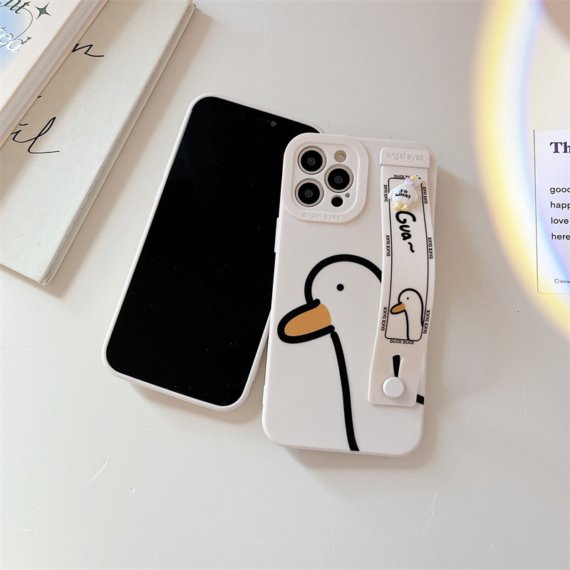 Cartoom Duck Wrist Band Bracket Holder Silicone Case for iPhone 14 13 12 11 Pro max 12 Pro max 6 6s 7 8 Plus X XS Max Soft Cover
