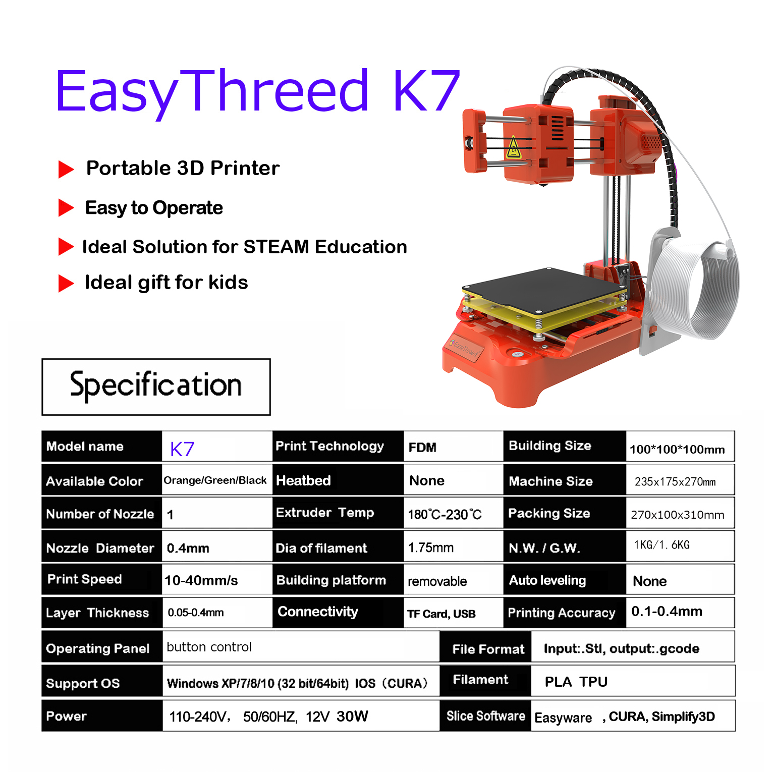 EasyThreed K7 3D Mini Printer 100x100x100mm No Heated Bed One-Key Printe with TF Card PLA Filament Simple Small Printing Machine