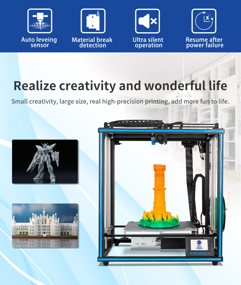 Tronxy 3D Printer X5SA-400 Power Off Resme Print Larger Printing Size 400x400x400mm 3.5 Inch Touch Screen 24V CoreXY Structure