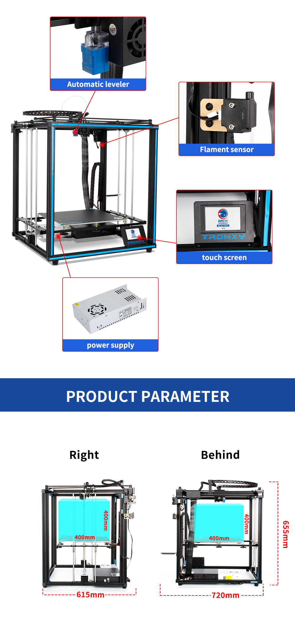 Tronxy 3D Printer X5SA-400 Power Off Resme Print Larger Printing Size 400x400x400mm 3.5 Inch Touch Screen 24V CoreXY Structure