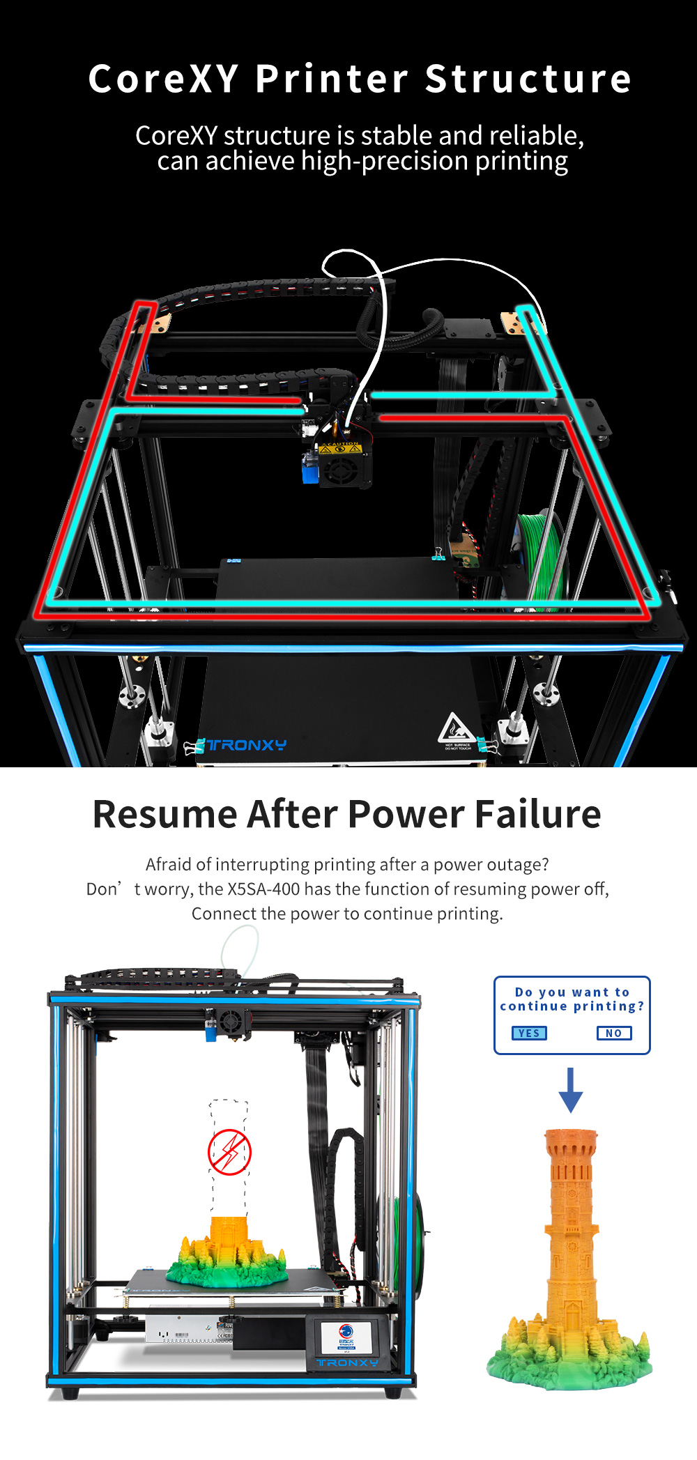 Tronxy 3D Printer X5SA-400 Power Off Resme Print Larger Printing Size 400x400x400mm 3.5 Inch Touch Screen 24V CoreXY Structure