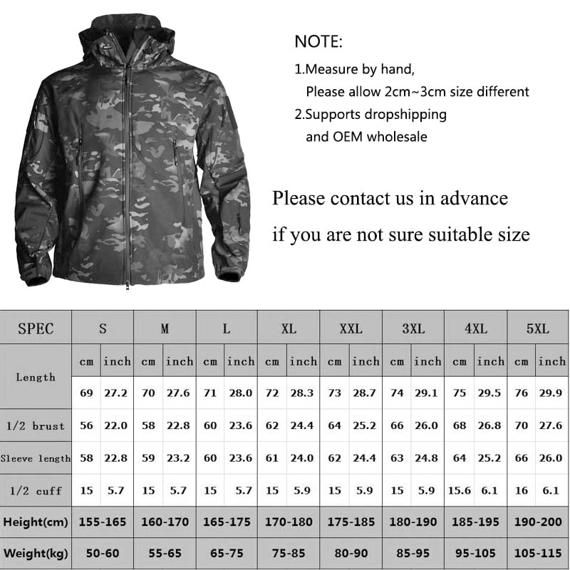 HAN WILD Hunting Jackets Soft Military Tactical Jacket Man Combat Waterproof Fleece Men Clothing Multicam Coat Windbreakers 5XL