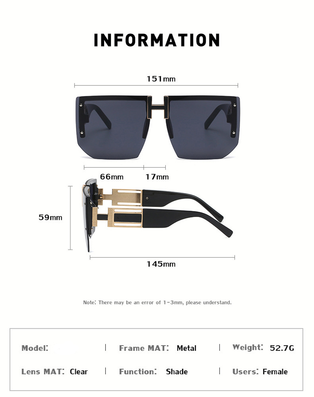 Rimless Square Frame Luxury Sunglasses Men Women Fashion Shades UV400 Vintage Glasses