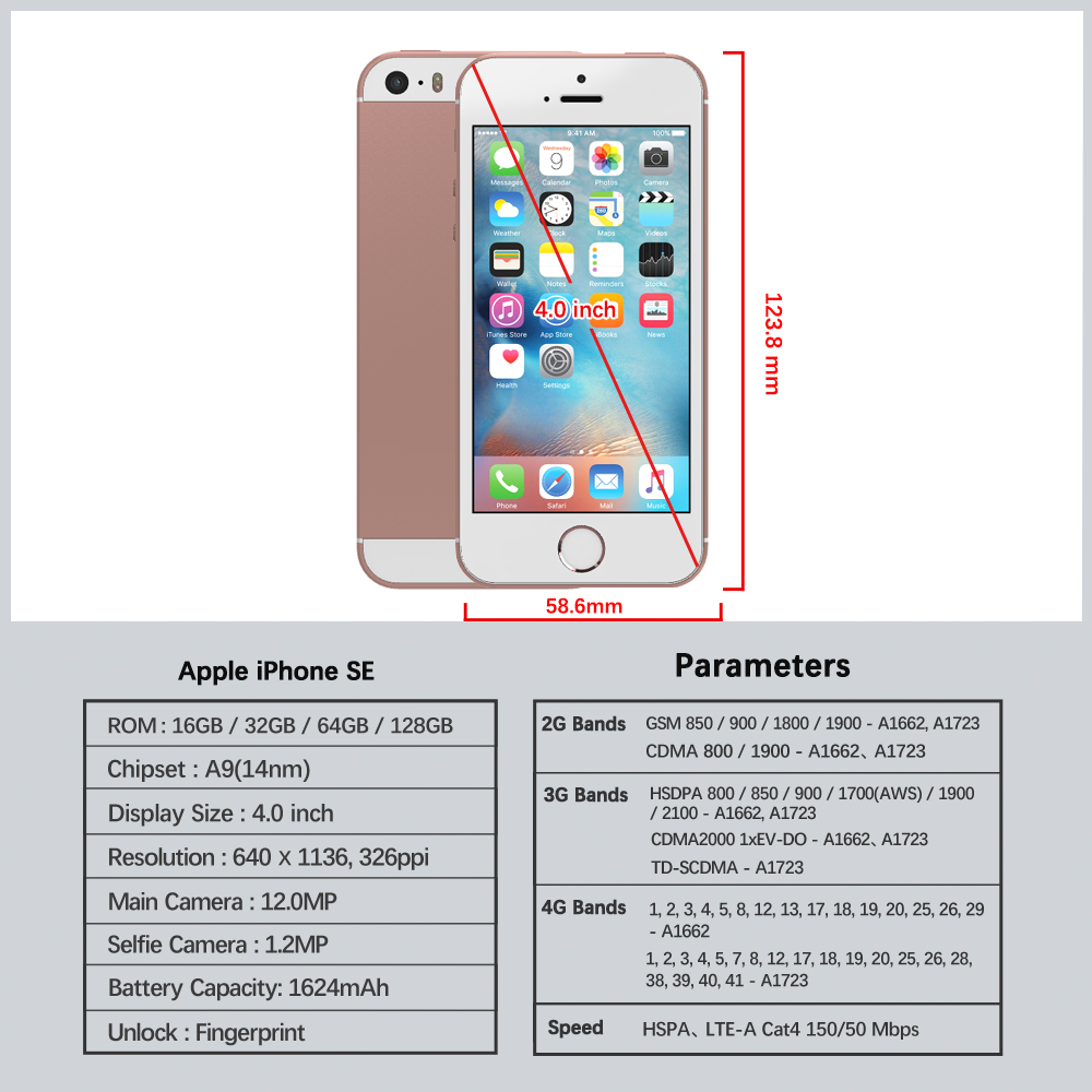 Original Apple iPhone SE 4G LTE Mobile Phone iOS 4.0"12.0MP Chip Dual Core Touch ID 16/32/64/128GB ROM Smartphone