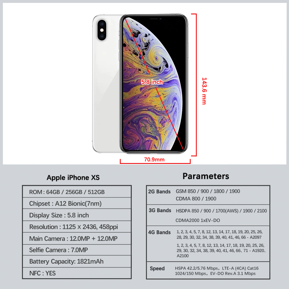 Original Apple iPhone XS CellPhone 5.8" RAM 4GB ROM 64GB/256GB IOS Smartphone Hexa Core A12 NFC LTE 4G Unlocked Mobile Phone