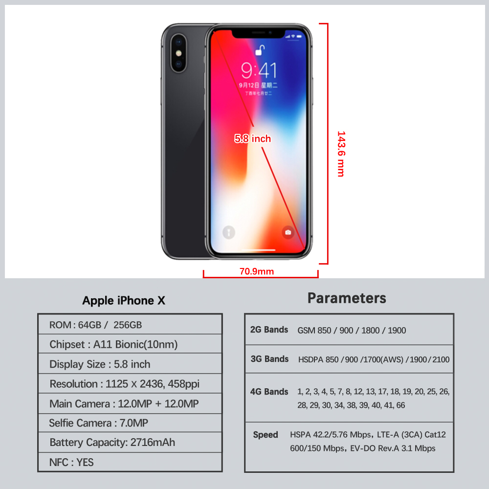 Original Unlocked Apple iPhone X Face ID 64GB/256GB ROM 5.8" 3GB RAM 12MP Hexa Core iOS A11 Dual Back Camera 4G LTE Mobile phone