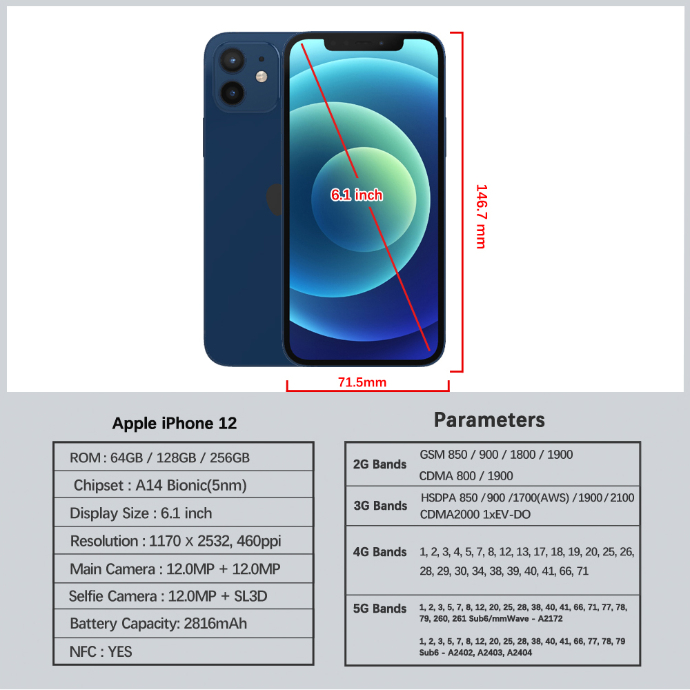 Apple iPhone 12 Face ID 6.1" 4G RAM 64GB/128GB/256GB ROM Unlocked Smartphone OLED Screen A14 Bionic Chip Dual 12MP Cameras NFC