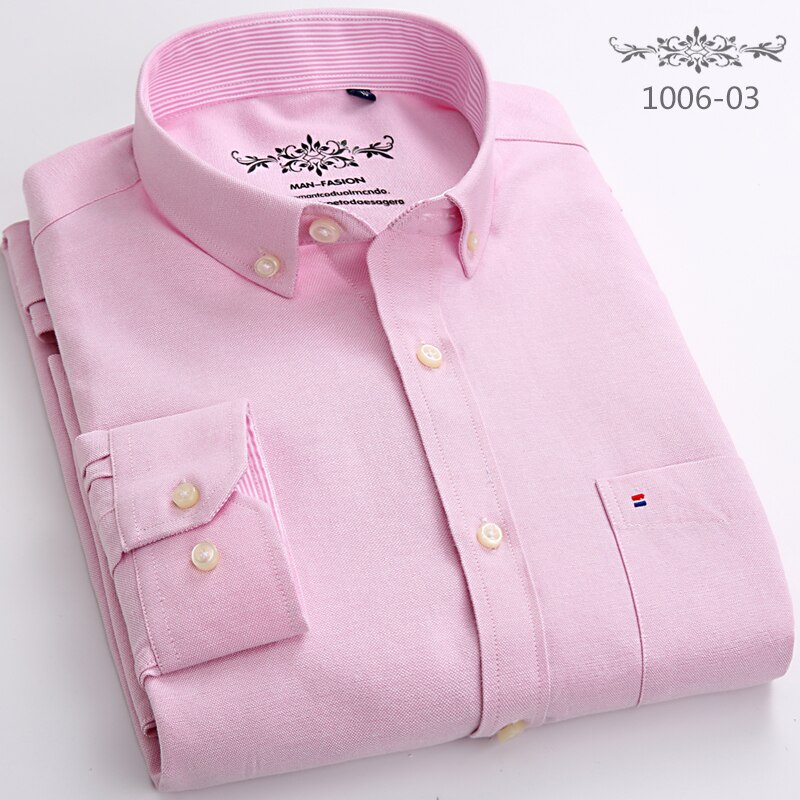 Men's Fashion Long Sleeve Solid Oxford Shirt Single Patch Pocket  Casual Standard Fit Button-down Collar Shirts