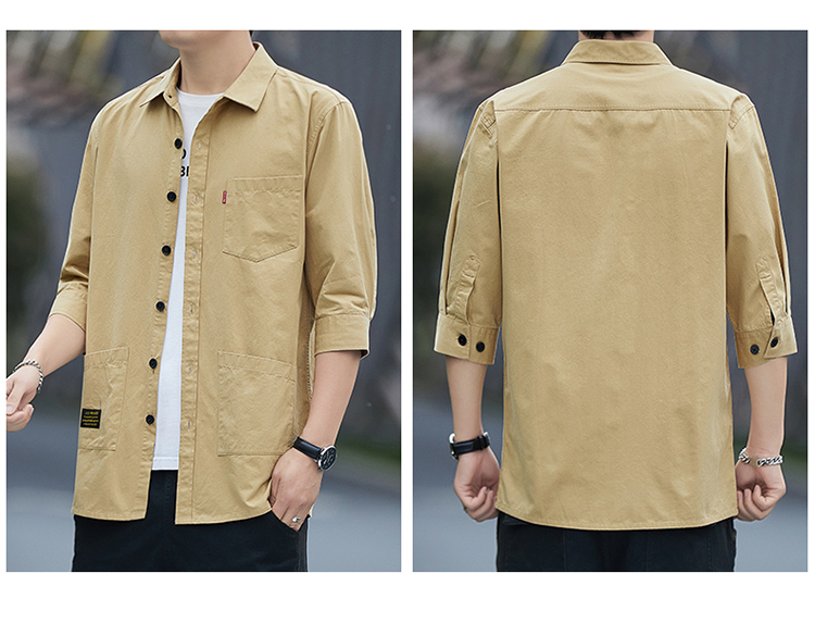 Summer Men's Casual Shirt Three Quarter Sleeve Fashion 100% Cotton Thin Youth Solid Trendy Pockets Korean-Style Streetwear Coat