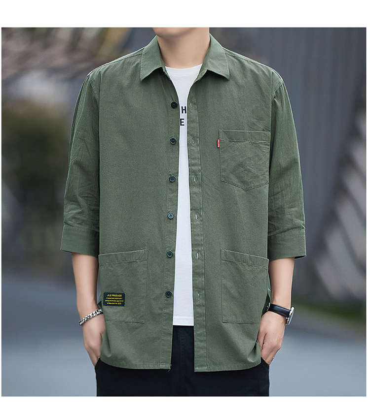 Summer Men's Casual Shirt Three Quarter Sleeve Fashion 100% Cotton Thin Youth Solid Trendy Pockets Korean-Style Streetwear Coat