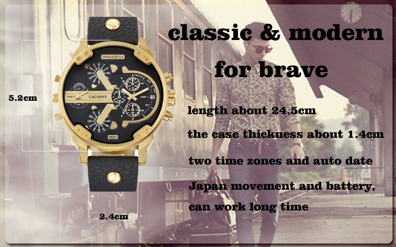 Cagarny Men's Watches Men Fashion Quartz Wristwatches Cool Big Watch Leather Bracelet 2 Times Military Relogio Masculino D6820