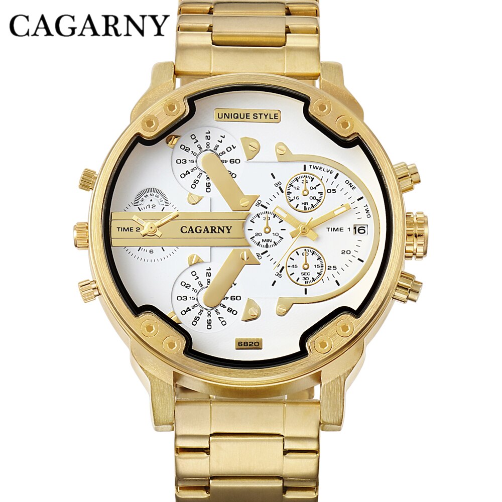 Cagarny Men's Watches Men Fashion Quartz Wristwatches Cool Big Watch Leather Bracelet 2 Times Military Relogio Masculino D6820