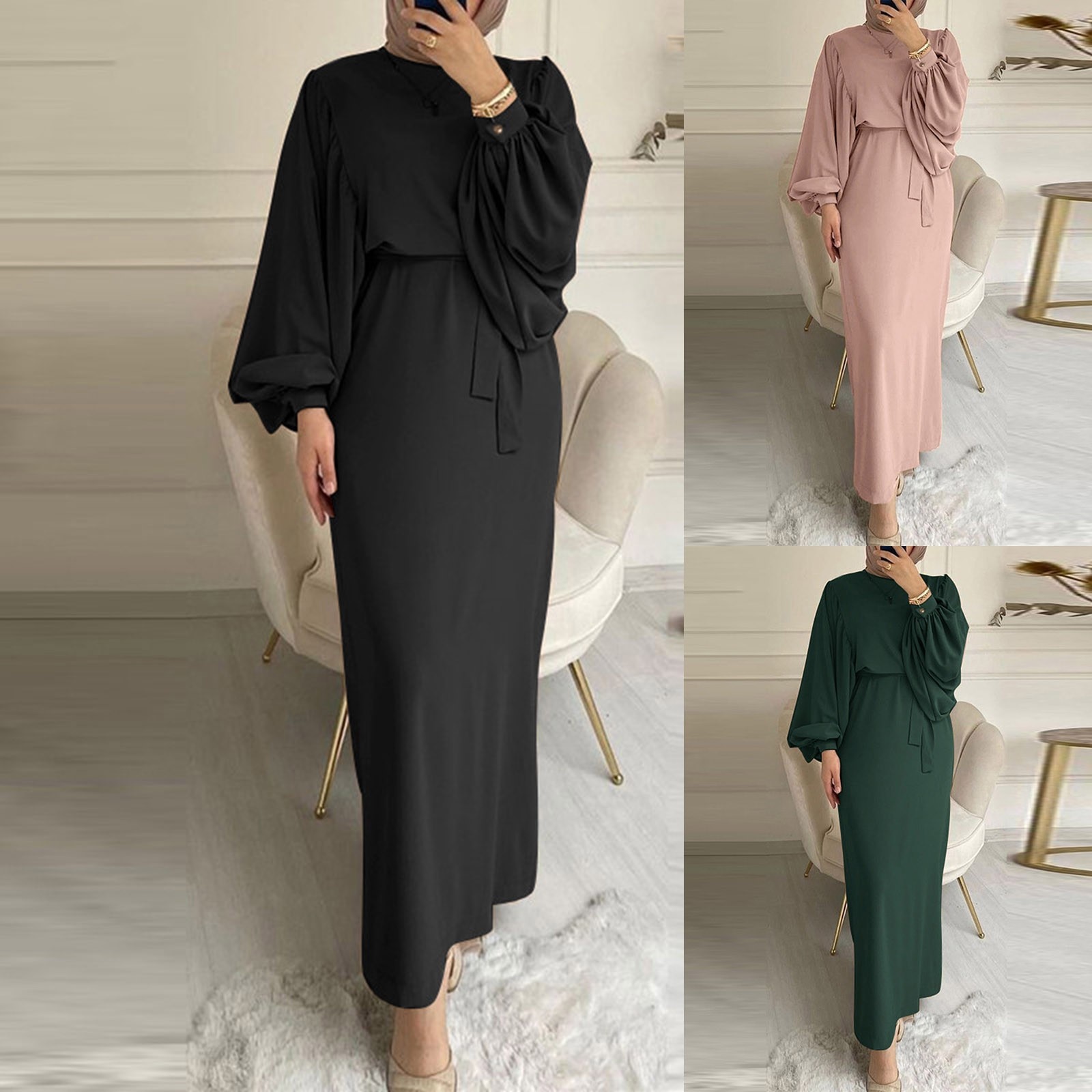 Autumn Puff Sleeve Morocco Muslim Dress Women Abaya Kaftans Casual Evening Dresses Woman Turkey Islam Long Robe Femme Vestidos