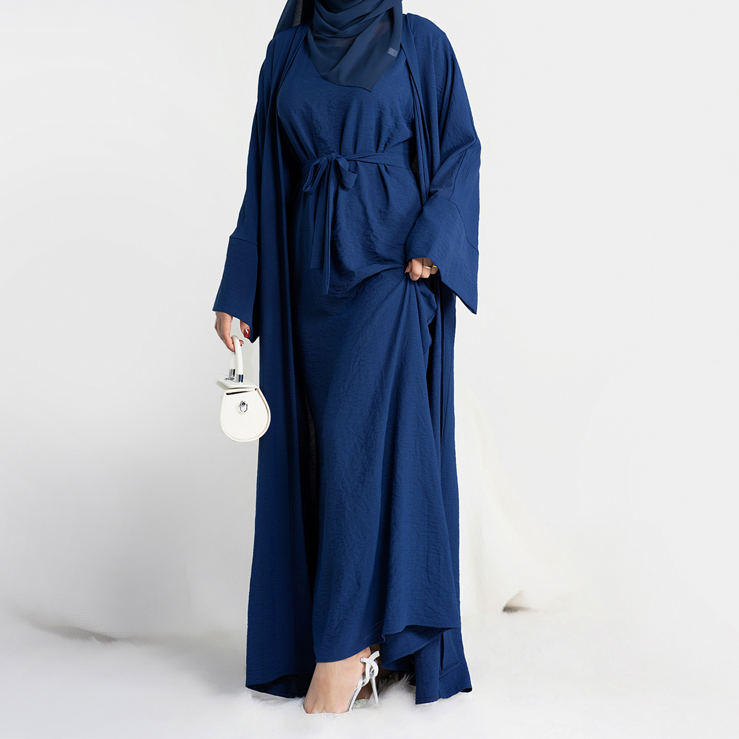 2 Piece Abaya Slip Sleeveless Hijab Dress Matching Muslim Sets Plain Open Abayas for Women Dubai Turkey African Islamic Clothing