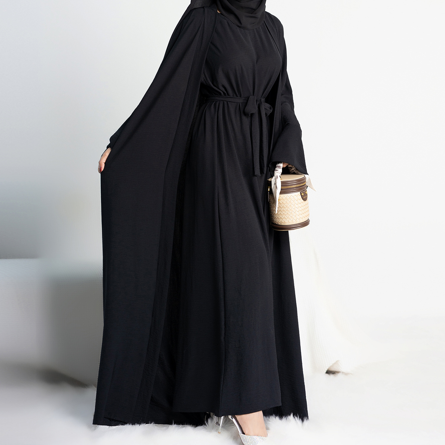 2 Piece Abaya Slip Sleeveless Hijab Dress Matching Muslim Sets Plain Open Abayas for Women Dubai Turkey African Islamic Clothing