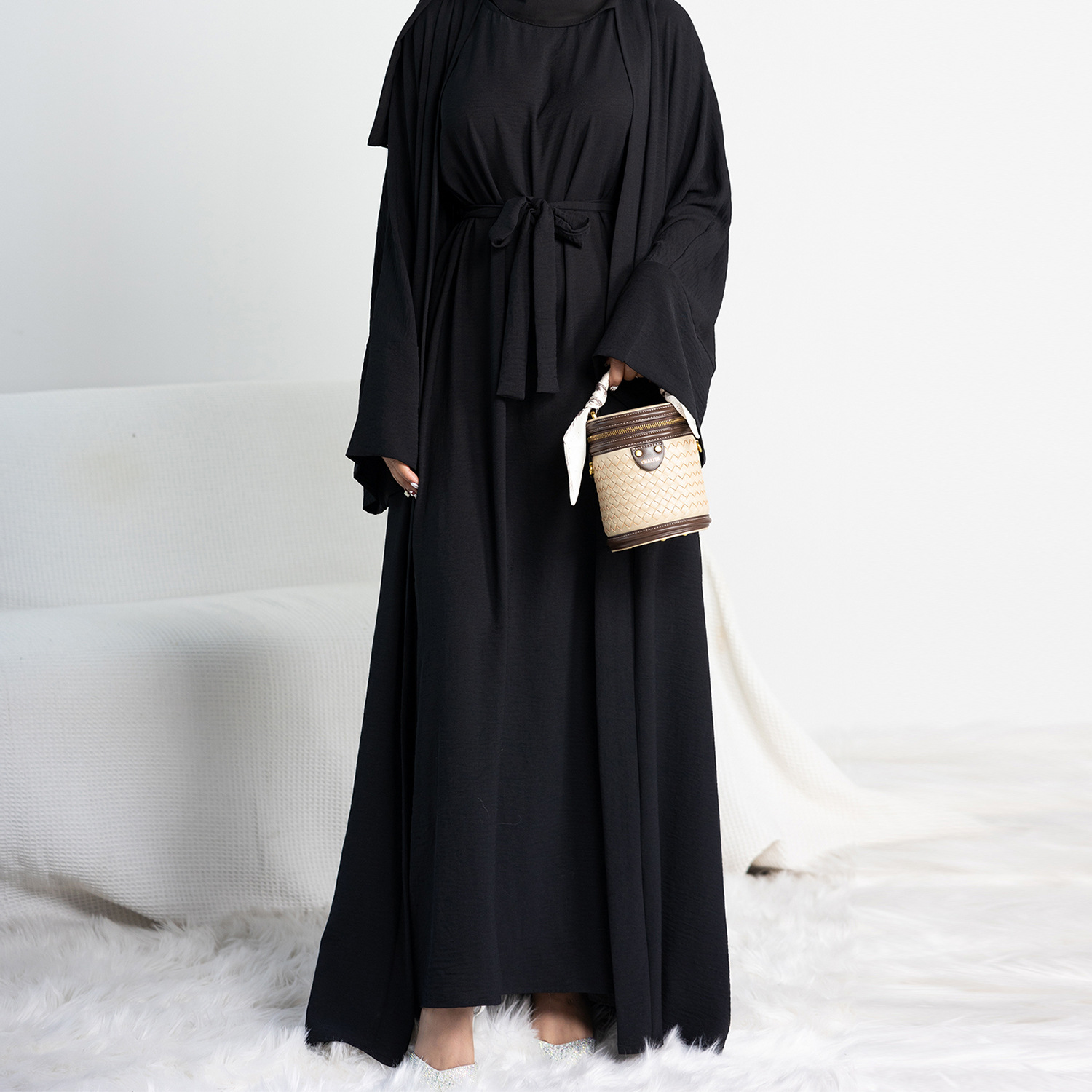 2 Piece Abaya Slip Sleeveless Hijab Dress Matching Muslim Sets Plain Open Abayas for Women Dubai Turkey African Islamic Clothing