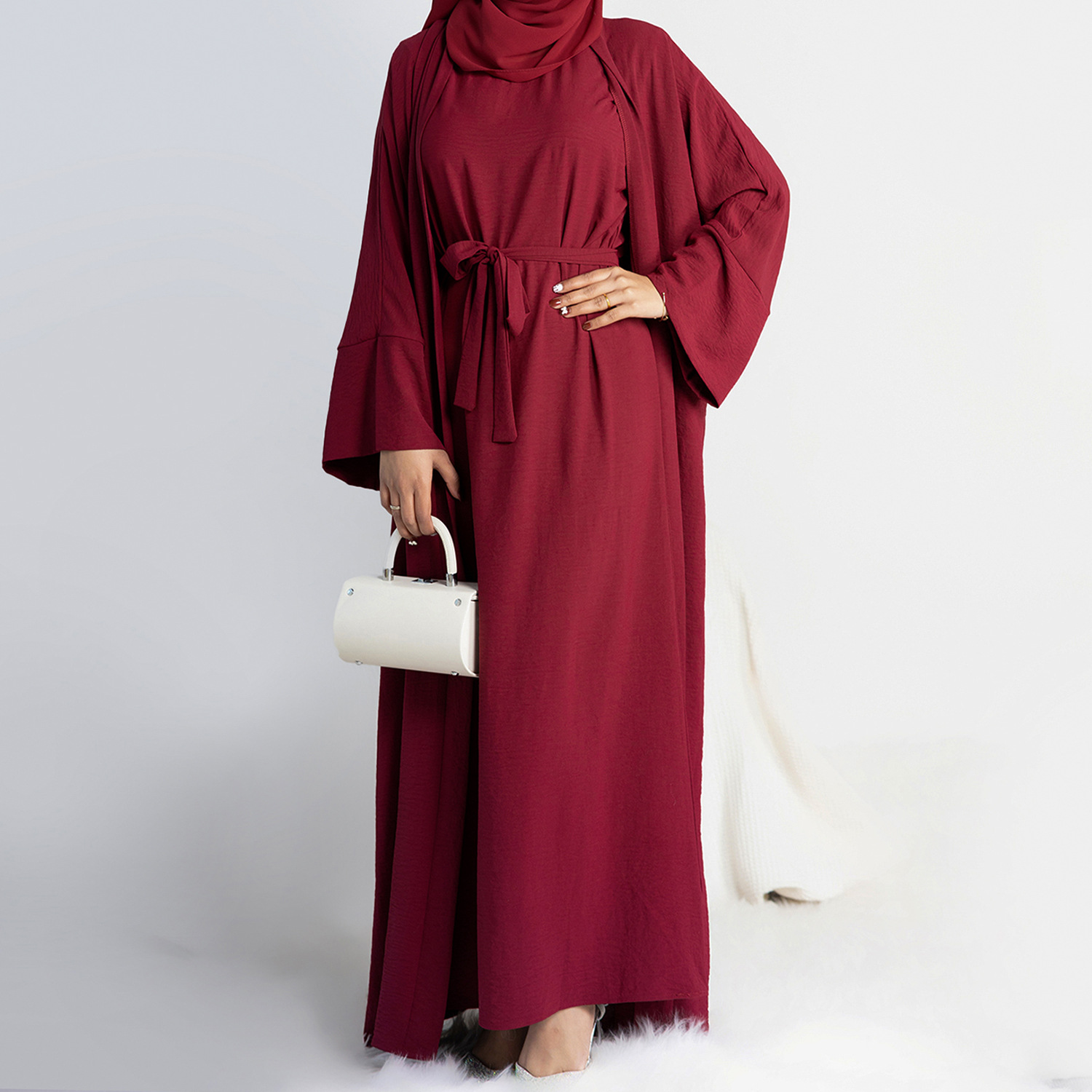 2 Piece Abaya Slip Sleeveless Hijab Dress Matching Muslim Sets Plain Open Abayas for Women Dubai Turkey African Islamic Clothing