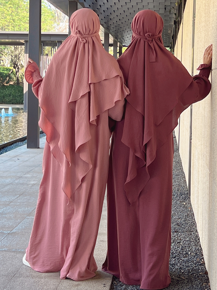 Ramadan Eid Muslim Woman Jilbab 2 Piece Abaya with Hijab Long Khimar Niqab Set Overhead Prayer Dress Islam Outfit Djellaba Burka