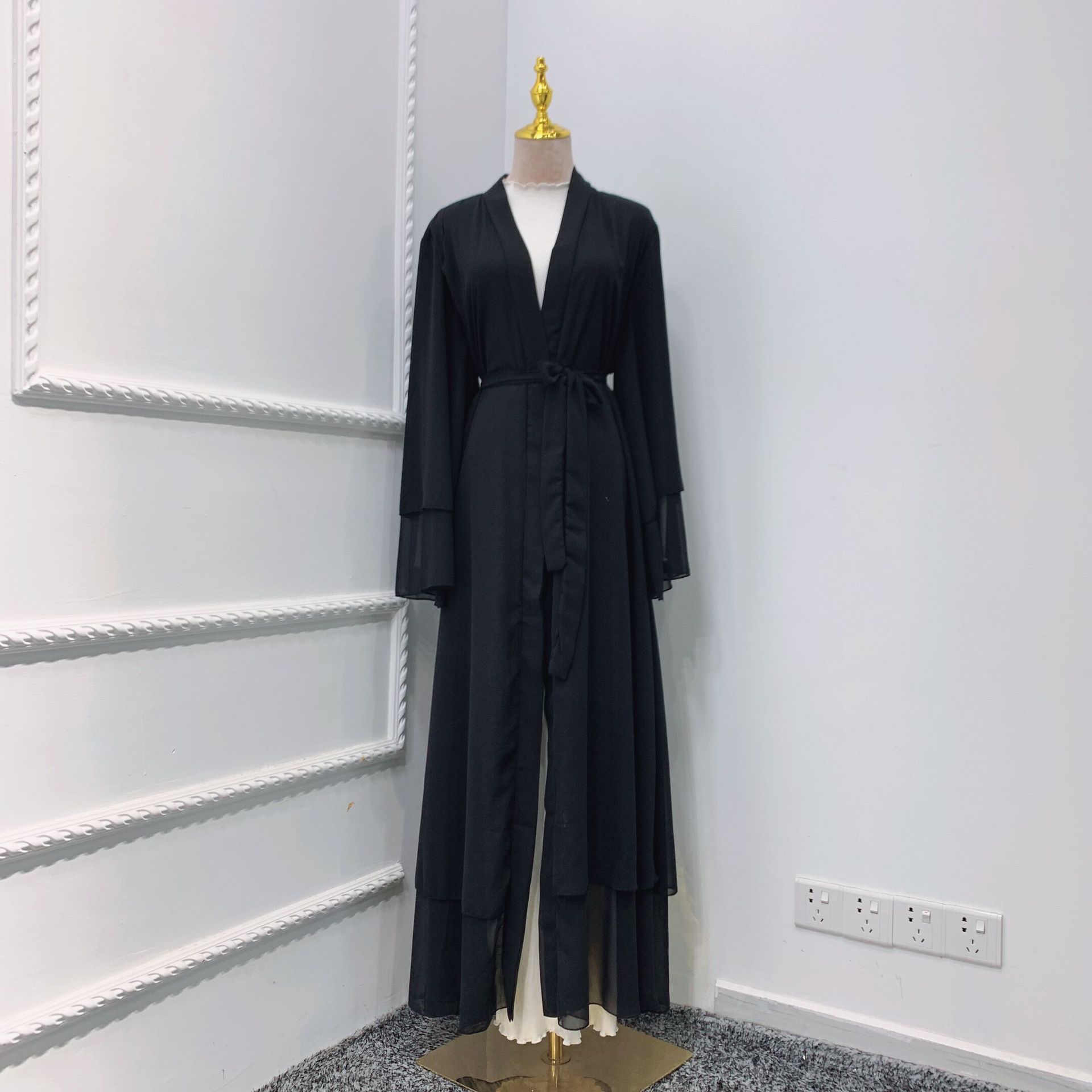 Fashion Chiffon Abaya Kimono Dubai Muslim Cardigan Abayas Women Casual Robe female Islam Clothes With Belt F2664