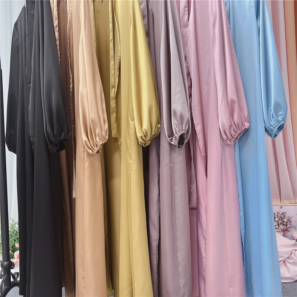 Satin Open Abaya Turkey New Kimono Abayas for Women Dubai Bubble Sleeve Plain Muslim Hijab Dress Islam Modest Outfit Kaftan Robe