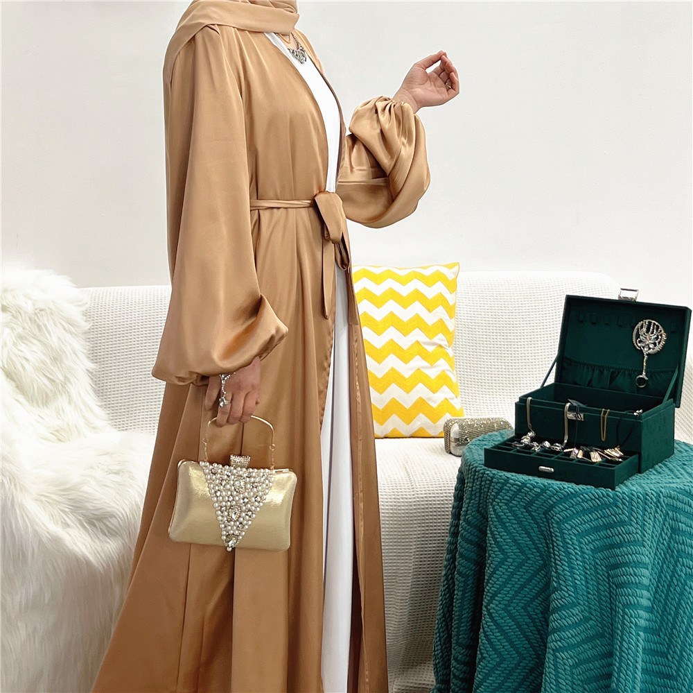 Satin Open Abaya Turkey New Kimono Abayas for Women Dubai Bubble Sleeve Plain Muslim Hijab Dress Islam Modest Outfit Kaftan Robe