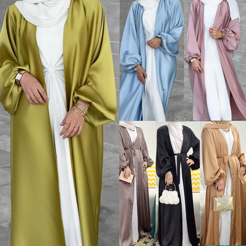 Satin Open Abaya Turkey New Kimono Abayas for Women Dubai Bubble Sleeve Plain Muslim Hijab Dress Islam Modest Outfit Kaftan Robe