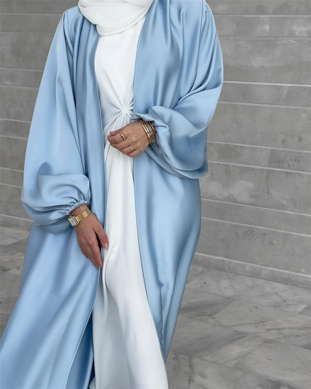 Satin Open Abaya Turkey New Kimono Abayas for Women Dubai Bubble Sleeve Plain Muslim Hijab Dress Islam Modest Outfit Kaftan Robe