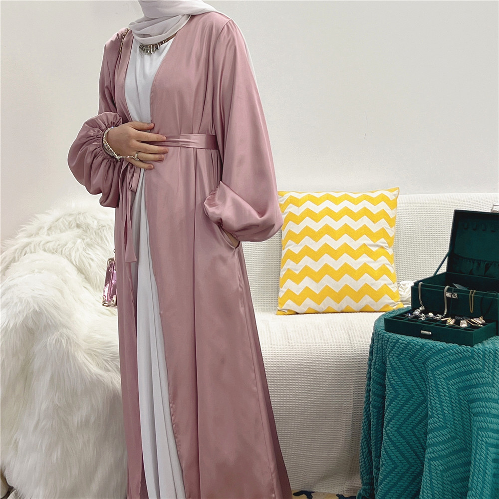 Satin Open Abaya Turkey New Kimono Abayas for Women Dubai Bubble Sleeve Plain Muslim Hijab Dress Islam Modest Outfit Kaftan Robe