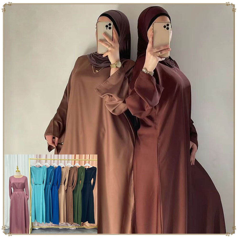 Ramadan Eid Satin Abaya Dubai Turkey Flare Sleeve Muslim Hijab Dress Plain Closed Abayas for Women Islamic Clothing Kaftan Robe