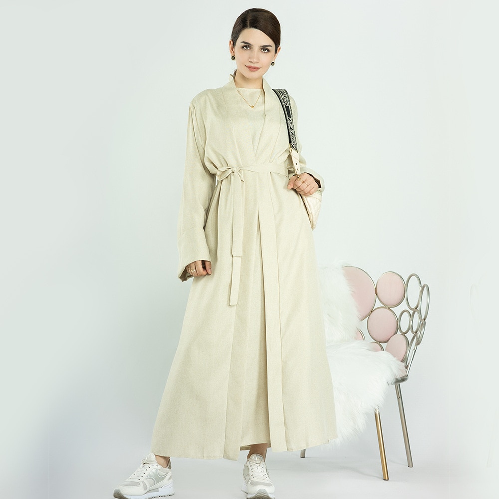 Ramadan Eid Cotton Linen Open Abaya Dubai Turkey Long Muslim Hijab Dress Kimono Abayas for Women Plain Kaftan Islamic Clothing