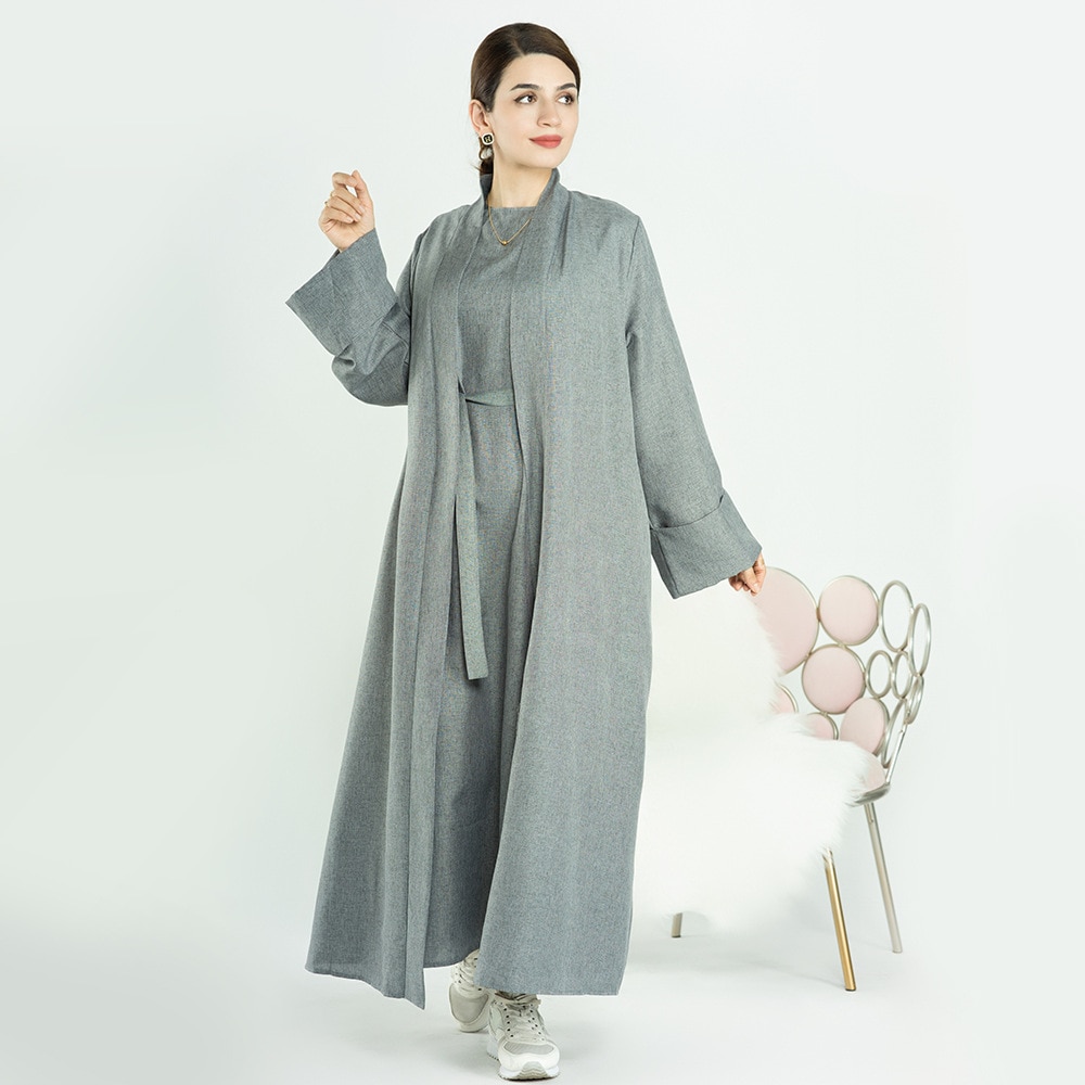 Ramadan Eid Cotton Linen Open Abaya Dubai Turkey Long Muslim Hijab Dress Kimono Abayas for Women Plain Kaftan Islamic Clothing