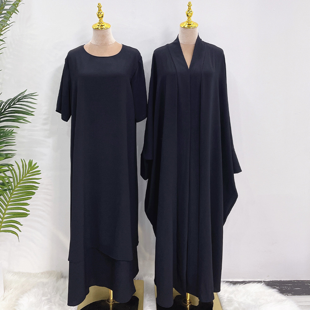 Eid 2 Piece Abaya Matching Muslim Sets Hijab Dress Open Abayas for Women Dubai Turkey Short Sleeve Inner Dresses African Islam