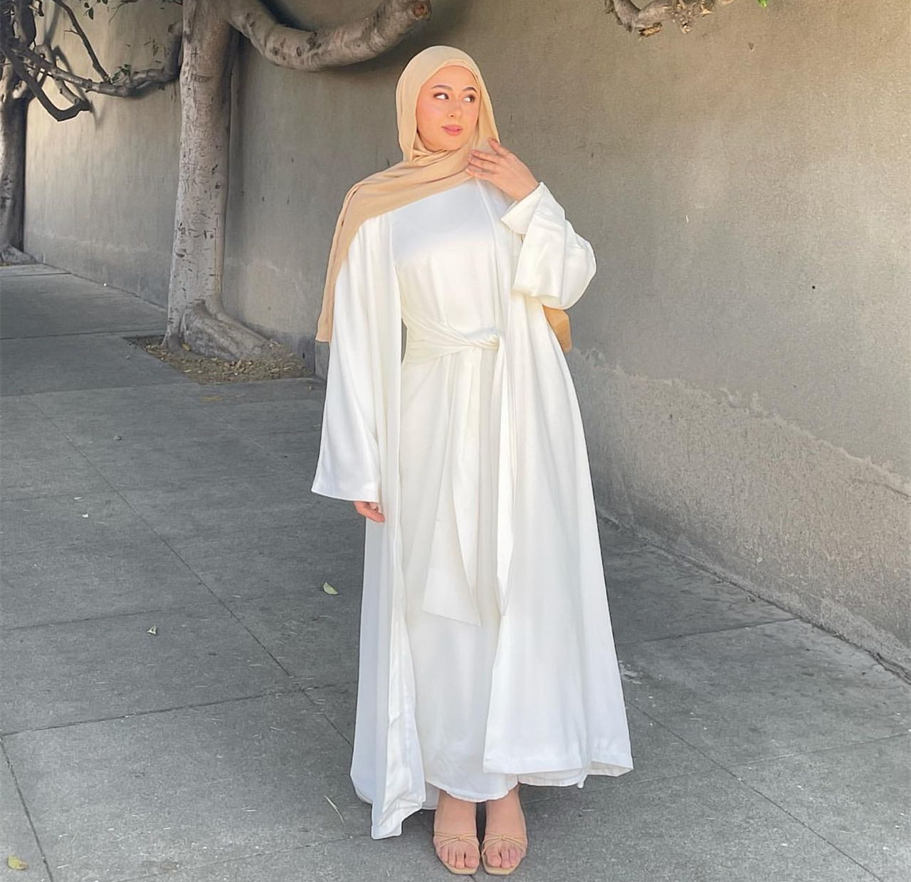 Ramadan White Satin Abaya 3 Piece Set Hijab Muslim Dress Women Kaftan Evening Dresses Dubai Turkey Fashion Islamic Clothing Sets