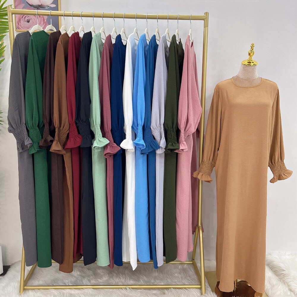 Ramadan Loose Abaya Jilbab Prayer Dress for Women Smocked Sleeve Plain Abayas Dubai Muslim Hijab Kaftan Robe Islamic Long Dreses