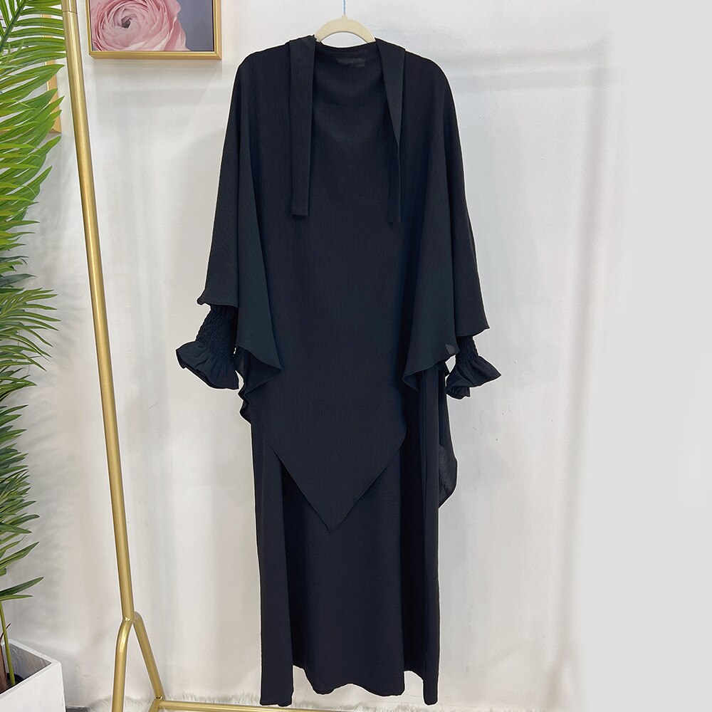 Ramadan Loose Abaya Jilbab Prayer Dress for Women Smocked Sleeve Plain Abayas Dubai Muslim Hijab Kaftan Robe Islamic Long Dreses