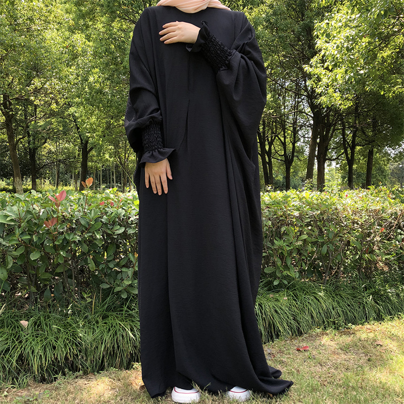 Ramadan Loose Abaya Jilbab Prayer Dress for Women Smocked Sleeve Plain Abayas Dubai Muslim Hijab Kaftan Robe Islamic Long Dreses