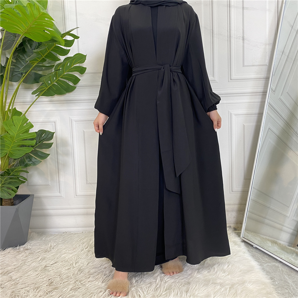 Hot Sale Simple Muslim Dress Elastic Cuff Silky Elegant pure Color Long Muslim Abayas Women Modest Wear Clothing EID robes F3003