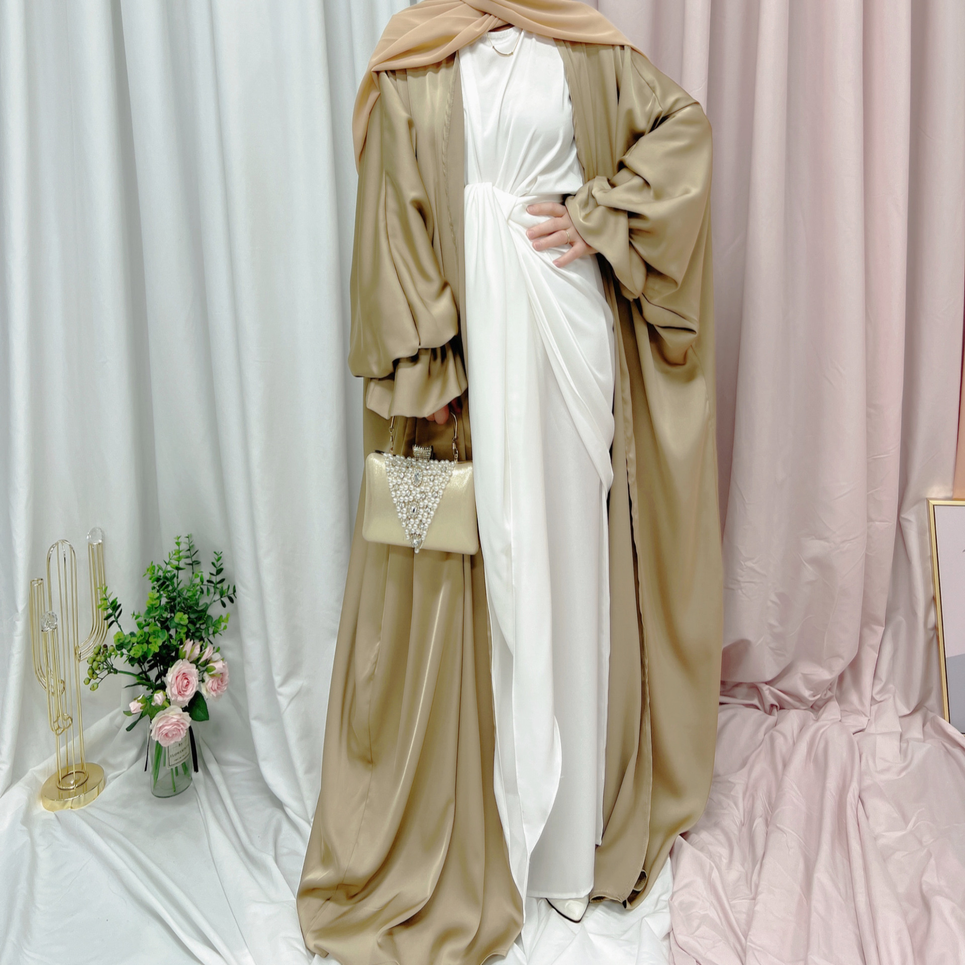 Rose Satin Abaya Kimono Muslim Fashion Hijab Dress Bubble Sleeve Open Abayas for Women Dubai Turkey Modest Islam Clothes Kaftan