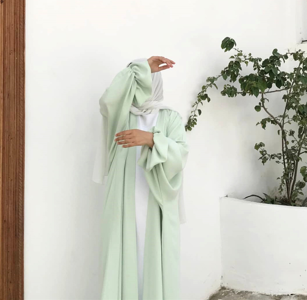 Rose Satin Abaya Kimono Muslim Fashion Hijab Dress Bubble Sleeve Open Abayas for Women Dubai Turkey Modest Islam Clothes Kaftan