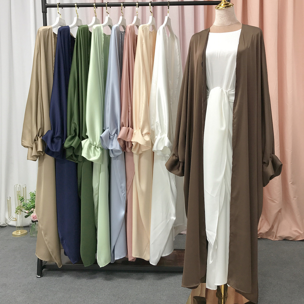 Rose Satin Abaya Kimono Muslim Fashion Hijab Dress Bubble Sleeve Open Abayas for Women Dubai Turkey Modest Islam Clothes Kaftan