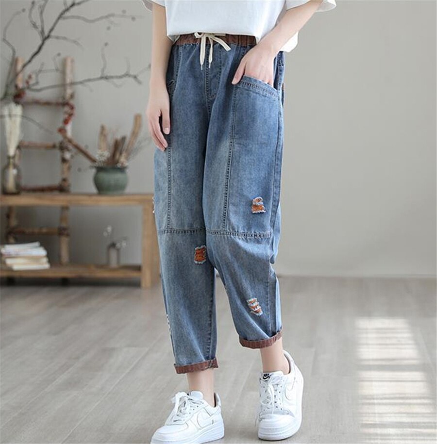 Ripped Splice Baggy Ankle-Length Harem Jeans Women Elastic High Waist Denim Pant Casual Vaqueros Blue Trousers Korean Pantalones
