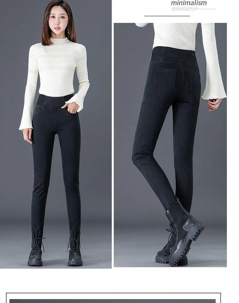 Oversize 38 Winter Skinny Jeans Women Plus Velvet Stretch Denim Trousers Retro Patchwork Thick Pencil Pants Autumn Warm Vaqueros
